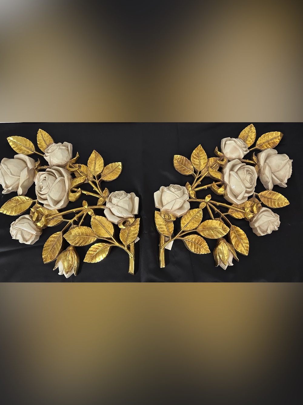 White Ceramic Rose Wall Sconces with Gold Leaf Branches - Pair
